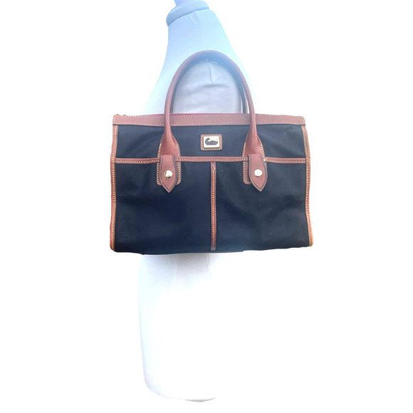 Dooney & Bourke Handbags - Dooney & Bourke Camden Saffiano Black Nylon Satchel w Brown Leather Trim